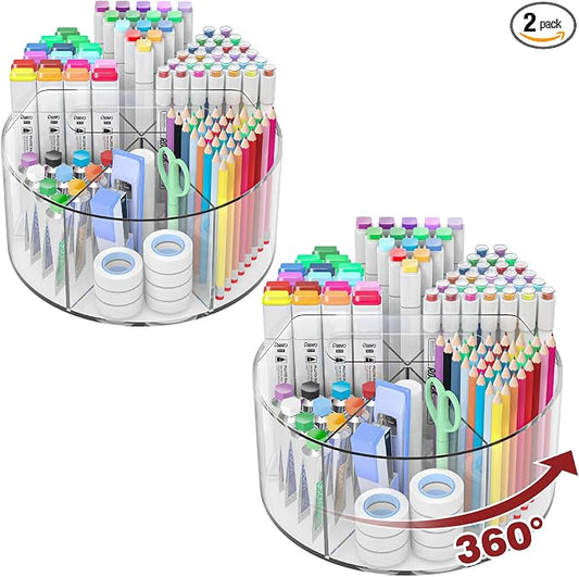 Absonic 500 PCS Acrylic Pencil Holder, 360 Rotating Clear Marker Organizer, Pen Crayon Marker Caddy Organizer for Desk, Desktop Storage and Organizer for Office School Art Supplies, 2 Pack