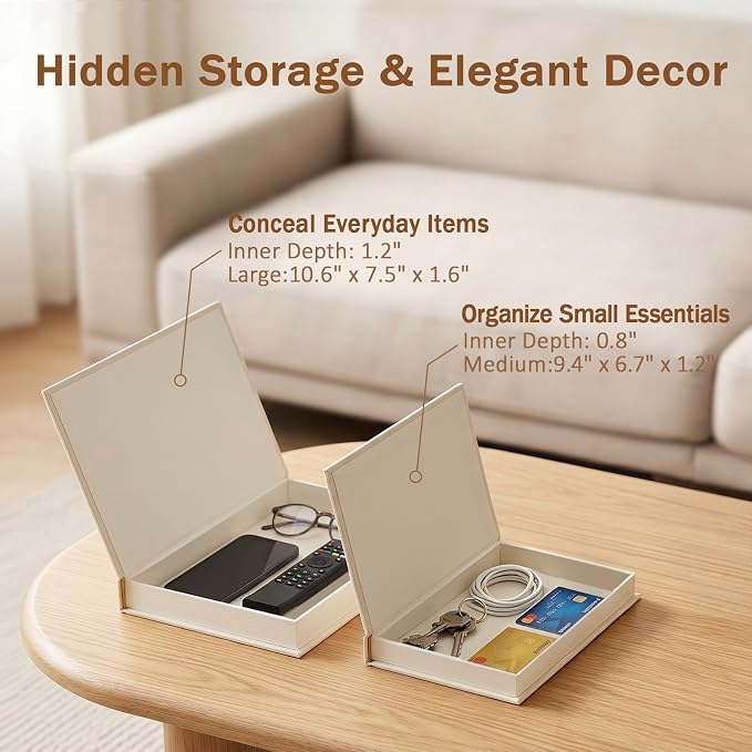 Set of 2 Premium Linen Decorative Books with Hidden Storage - Stackable Faux Book Box for Coffee Table Styling & Organization, Real Fabric Cover Fake Books as Display Riser for Shelf & Entryway