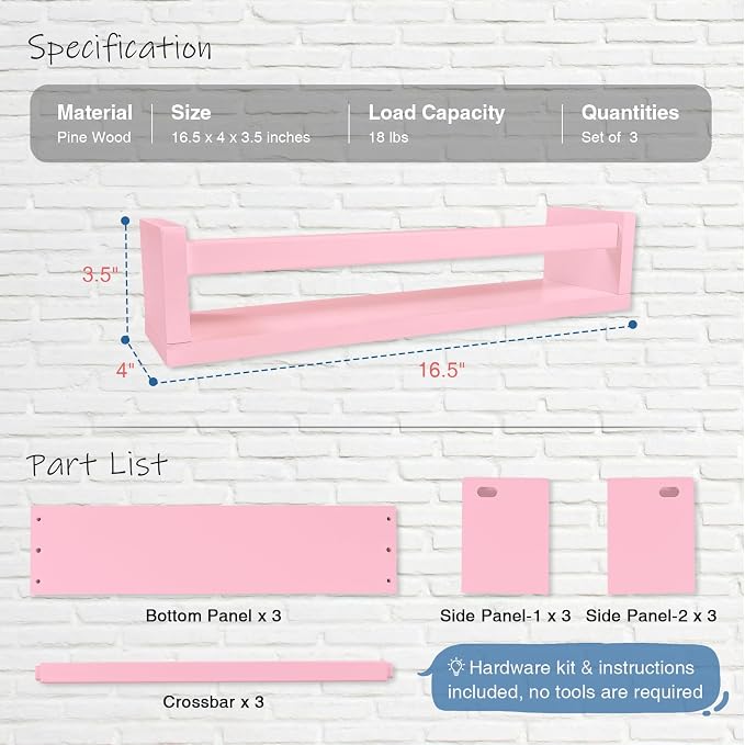 Harwaya Pink Nursery Floating Shelves for Wall Set of 3, Baby Girls Room Wall Book Shelves for Kids Bedroom, Corner Bookshelf for Toddler Children Bathroom Decor and Toys Organizers and Storage