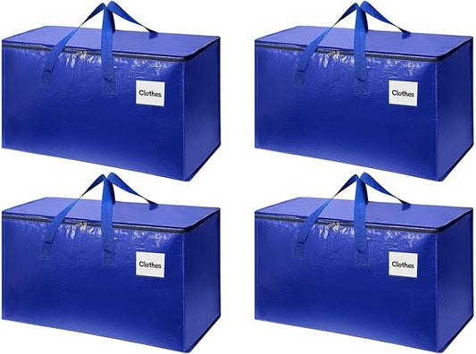 4 Pack XL Heavy Duty Moving Bags with Reinforced Stitching & Smooth Dual Zippers, Large Capacity Storage Totes for Clothes, Closet, Travel & Home Organization, Blue