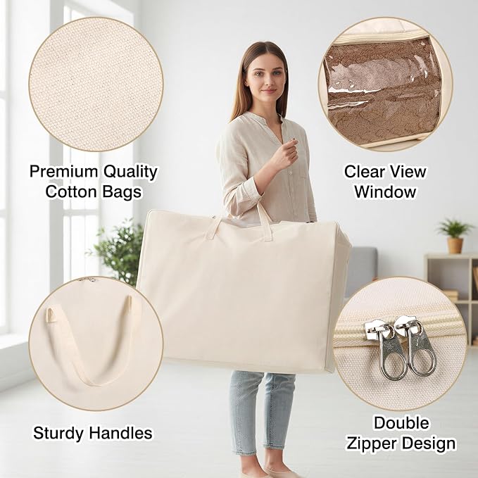 YGEOMER Comforter Storage Bags with Zipper, 70L Large Canvas Closet Organizer Containers with Reinforced Handle for Dorm Bedroom Beding Blanket Clothing, 4 Pack