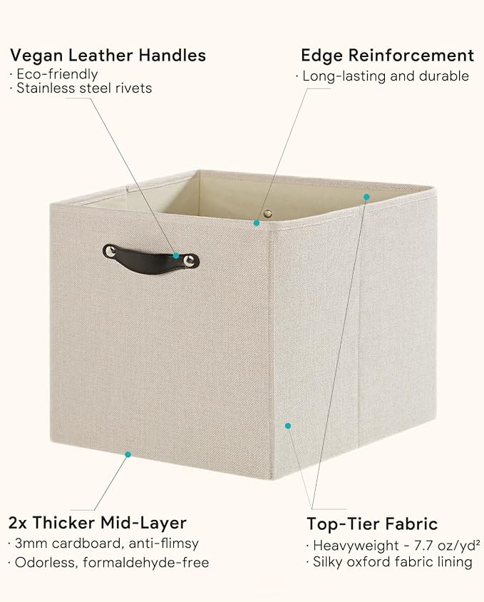 Cube Storage Bins | 13"x15"x13", Beige, 4 Pack | Multi-Size | 2X Thick Support Board | Vegan Leather Handles | 7.7 oz/yd² Fabric | Drawer Insert Basket Fits KALLAX
