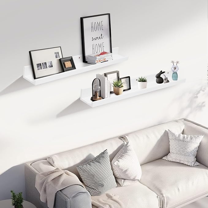 Muzilife 35.4" Large Floating Shelves Wood Wall Shelf with Lip, 2Pcs, White | FSC-Certified Wood | 20 lbs Capacity | Space-Saving | Hanging Shelf | Wall Decor| Bedroom,Living Room,Bathroom,Kitchen,Office