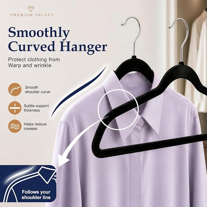 HOUSE DAY Black Velvet Hangers 60 Pack, Sturdy Non Slip Hanger Wrinkle-Free | Clothes Hangers with 360° Swivel Hook, Heavy Duty Slim Felt Hangers for Closet Space Saving, No Shoulder Bumps for Shirt-75g