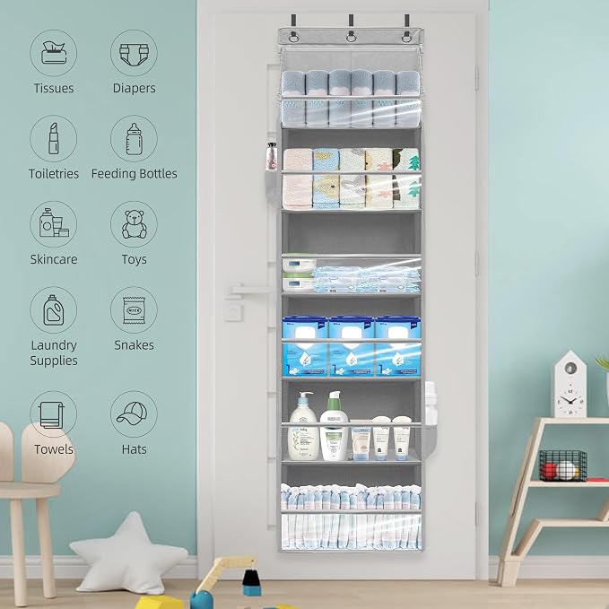 Over Door Organizer with 6 Extra Large Pockets 12 Side Pockets, Sturdy Closet Storage Rack, Hanging Storage Organizer with Clear Window for Shoes, Diapers, Bedroom, Bathroom, Grey