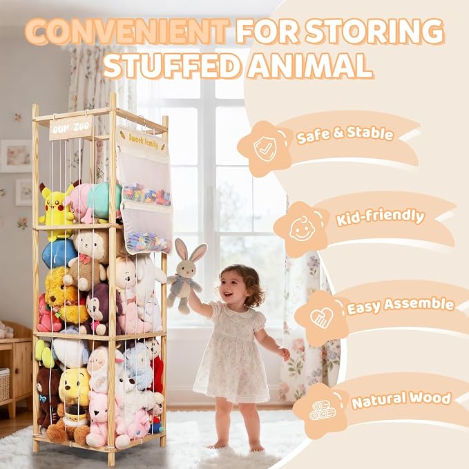 Stuffed Animal Storage Organizer, Large Wooden Zoo Toy Holder with Pockets, Plushie, Stuffy,Toy Storage for Kids Room, Playroom, Bedroom(Natural Large)