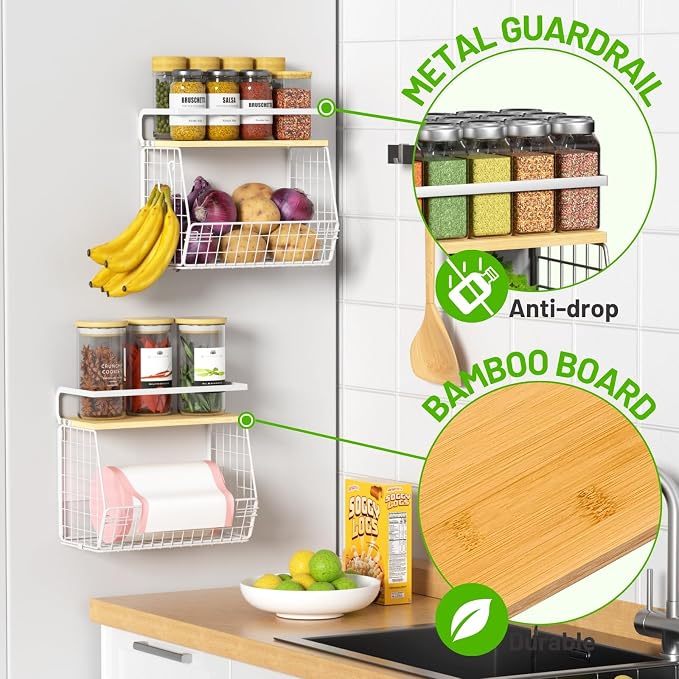 Ofiray-home Magnetic Shelf for Fridge with Wood Lid, Fruit Potato and Onion Storage Bins, Pantry Organizers & Storage, Large Container Magnetic Spice Rack for Refrigerator, Kitchen Counter (White, 1)