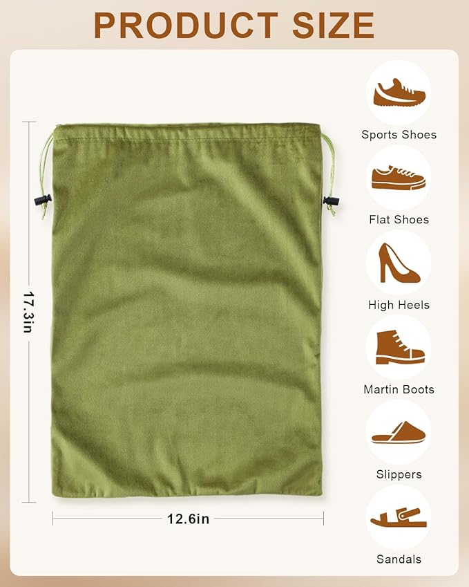 2 Pcs Shoe Bags for Travel, Dust Velvet Bags, Sage Green, 17.3x12.6 Inch | Washable & Reusable Travel Shoe Bags, Dustproof Shoe Bags with Drawstring Closure, Suitable for Travel, Home Storage