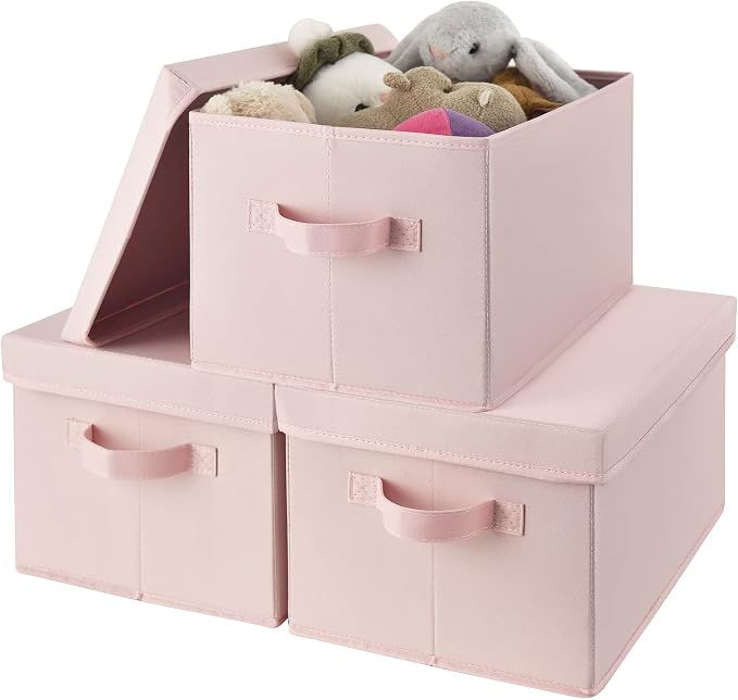 GRANNY SAYS Storage Bins Fabric, Storage Bins with Lids, Collapsible Storage Box Closet Shelf, Decorative Storage Baskets for Organizing Bedroom Dorm Nursery, Pink, Medium, 3-Pack