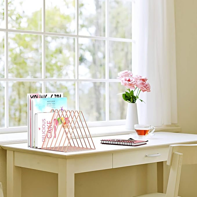 Files Folder Stand Desktop File Organizer, Triangle Wire Magazine Holder Book Shelf, 9 Slot File Sorter Eye-catching Decoration for Indoor Office Home, Photography props, Fashion in INS (Rose Gold)