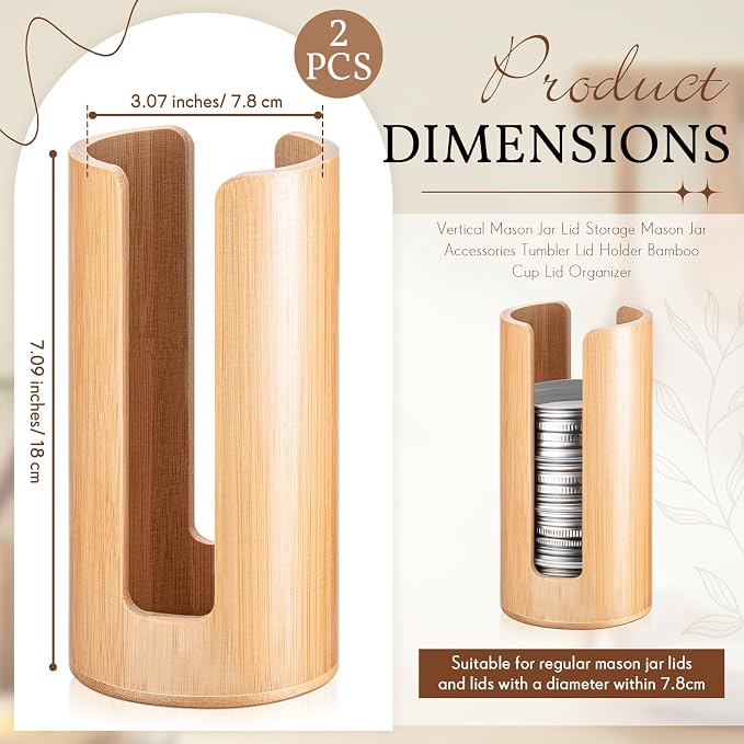 Suclain 2 Pcs Mason Jar Lid Organizer (Only for Regular Mouth) Bamboo Vertical Mason Jar Lid Storage Accessories Tumbler Lids Holder Cup Lids Organizer for Home Kitchen Countertop Cupboard