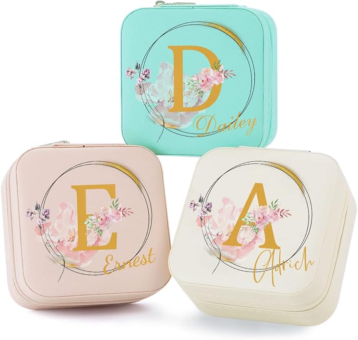Bridesmaid Gifts Jewelry Box Personalized Small Jewelry Travel Case Custom PU Leather Portable Bridesmaid Proposal Boxes Mini Jewellery Organizer Storage Earrings Rings Necklaces for Women Girls-Pink