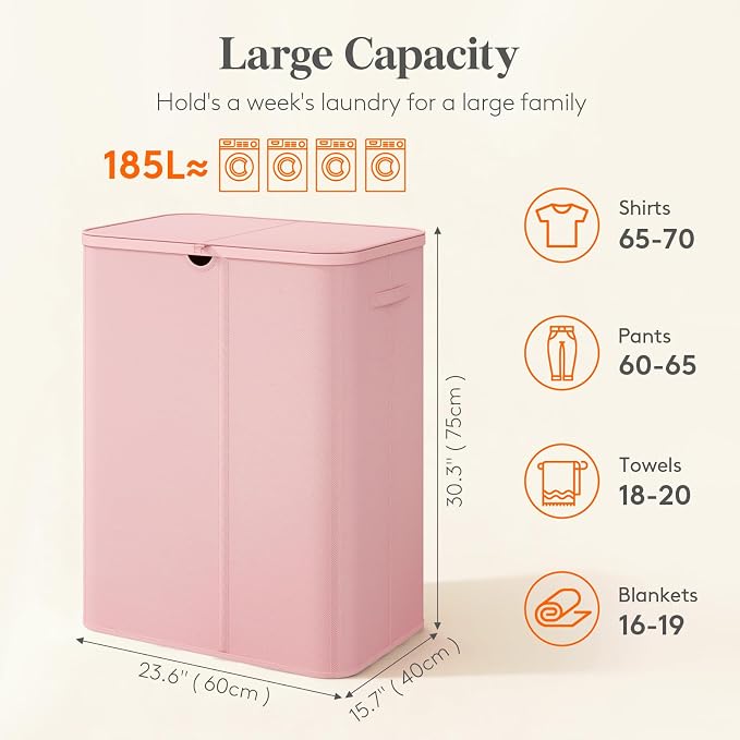 Lifewit 185L 3 Section Laundry Hamper with Lid, Large Laundry Basket with Handles and Removable Bags, Tall Clothes Hamper, Foldable Laundry Sorter for Bedroom Bathroom, Pink