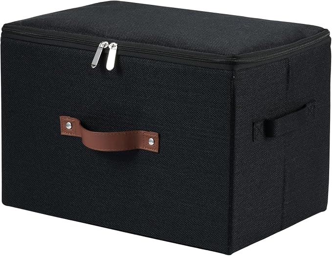 Storage Bins with Zipper Lid Cotton Linen Fabric Lidded Storage Baskets Boxes Foldable Washable Closet Shelf Clothes Organizer Container with PU Leather Handles (Black, Large Size)