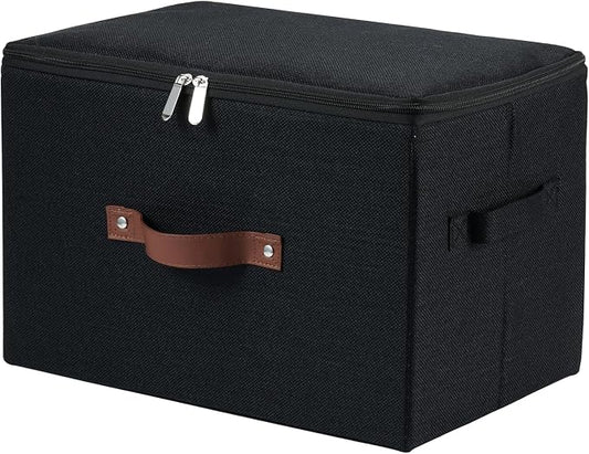 Storage Bins with Zipper Lid Cotton Linen Fabric Lidded Storage Baskets Boxes Foldable Washable Closet Shelf Clothes Organizer Container with PU Leather Handles (Black, Large Size)