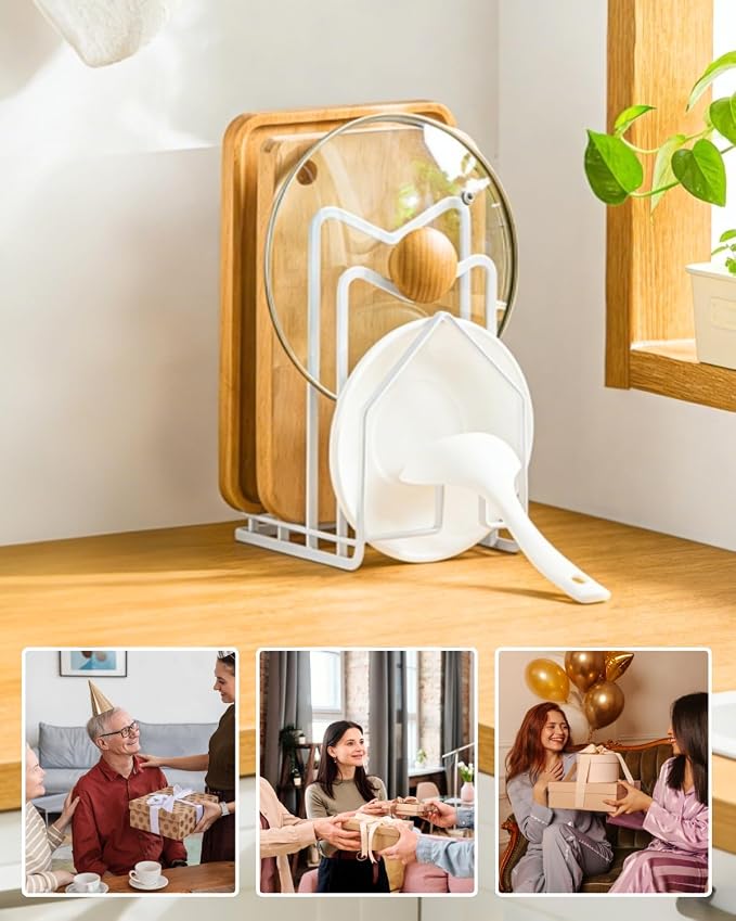 LINFIDITE Cutting Board Rack Chopping Board Organizer Stand Holder Kitchen Countertop Pots Pan Lids Rack Organizer Flat Steel 4.92Lx5.71Wx8.46H in. White