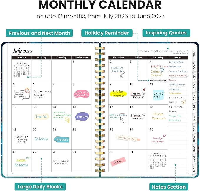 Planner 2026-2027, Hardcover Monthly and Weekly Academic Planner July 2026 - June 2027, Teacher and Student Calendar Agenda Book with Tabs, A5 (6.3" x 8.5"), Ideal for School and Office, Floral Planner, Coastal Contours