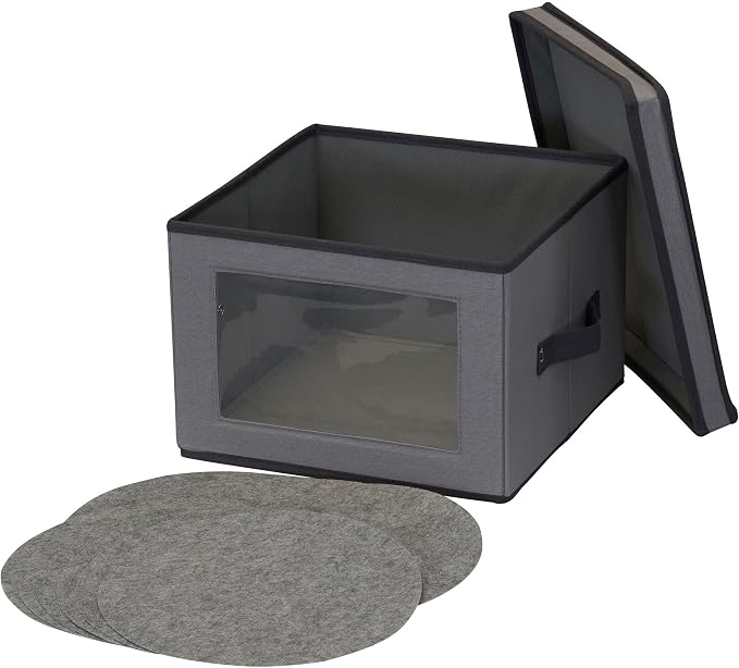 Household Essentials Dinner Plate Storage Box, Strong Frame and Handles, Windowed Panel, Fully Removable Lid, Stackable and Foldable, Perfect for Preserving Your Dinnerware, Gray
