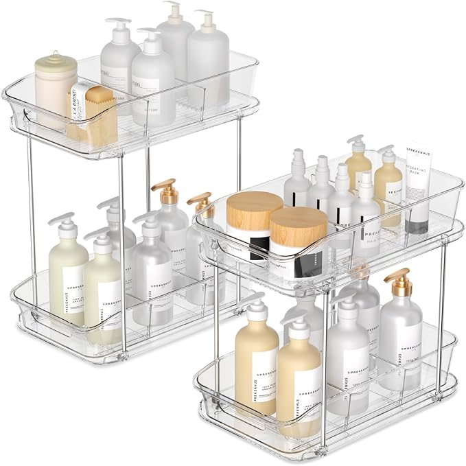 Incostar 2 Tier Pull-Out Organizer for Bathroom Kitchen, Under Sink Storage with Dividers, Ideal for Cabinet, Cupboard Organization, Slide-Out Clear Storage, 2 Pack