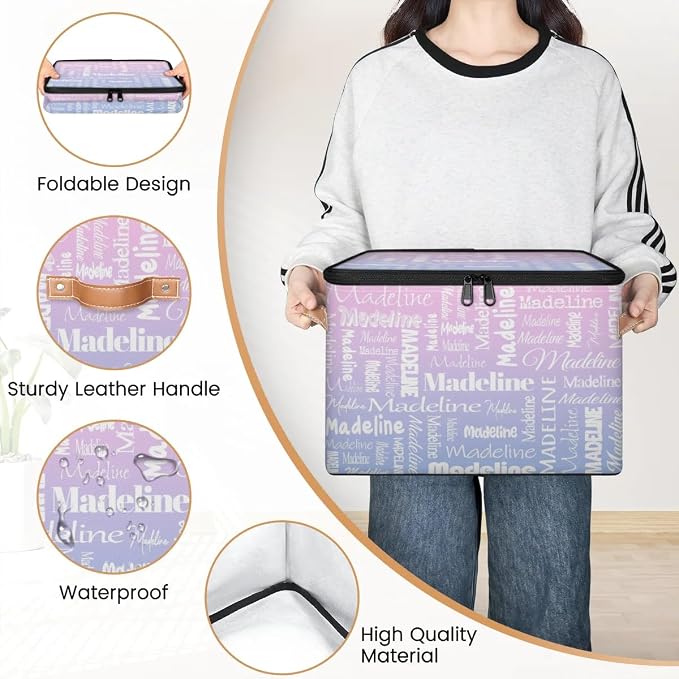 Custom Storage Basket with Name, Personalized Keepsake Box with Zipper Lid, Foldable Fabric Memory Bin Large capacity with Handle Pink Purple