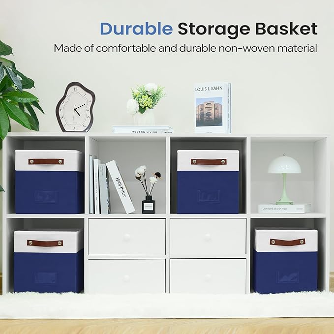FinishingBo 6-Pack Storage Cubes with Handles & Label Holders Basket, Closet Cube Home Organizer Bins(White/Blue, 10.5 * 10.5 * 11 inch)