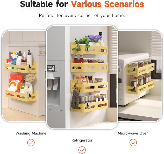Sevenblue 4-Pack Magnetic Spice Rack for Refrigerator with Hooks, Yellow | Strong multipurpose magnetic shelf for kitchen & bathroom organization. Includes 4 removable hooks for hanging items.