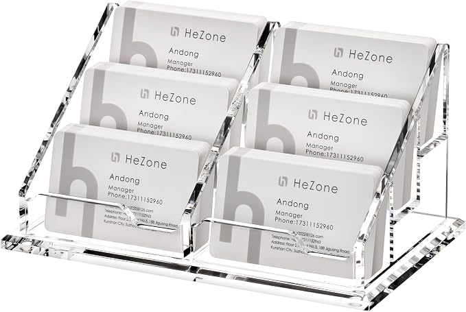 HeZone Business Card Holder for Desk, Acrylic Business Card Organizer , Multiple 6 Slots 3 Tier Business Cards Stand for Women& Men,Office Desk Accessories,Organize 300 Cards-1 Pack(Horizontal,Clear)