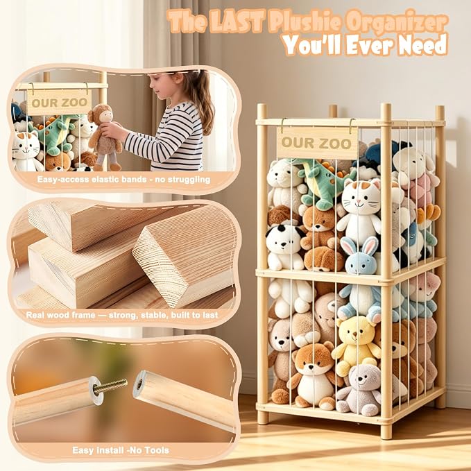 Stuffed Animal Storage, Wood Stuffed Animal Zoo Storage, Space Save Toy Organizer, Large Capacity Stuffed Animal Holder, Perfect for Nursery Playroom Kidroom Bedroom