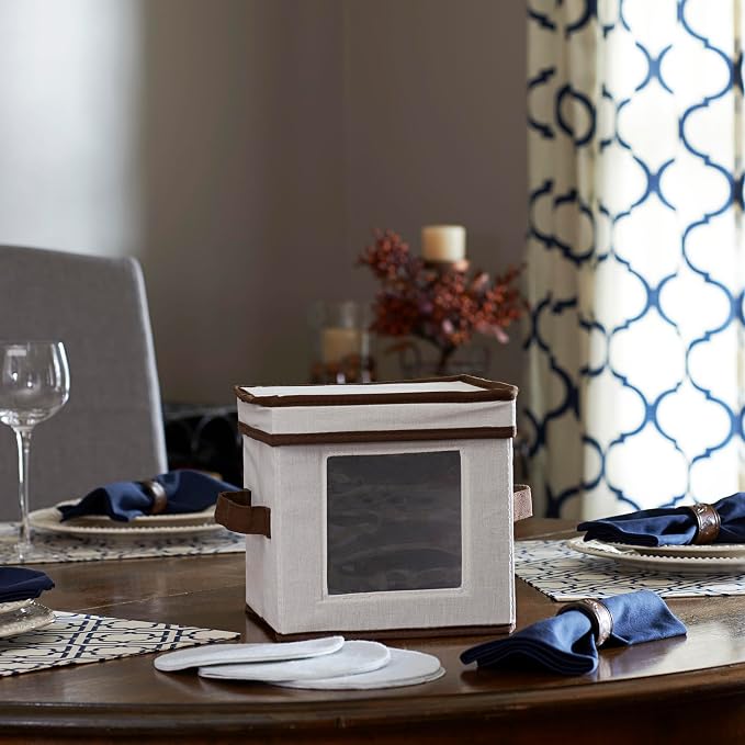 Household Essentials China Plate Storage Box, Holds 12 Dessert Plates or Bowls, Windowed Panel, Sturdy Frame and Reinforced Handles, Felt Cushions, Fully Removable Lid