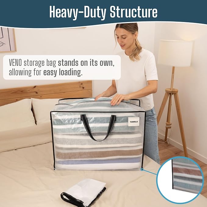 VENO 4 Pack Heavy Duty Moving Bags, Storage Bags, Packing Supplies, Top Zipper, Storage Totes for Camping, Clothes, Bedding, Comforters, Pillows (27 Gallon Clear, 4 Pack)