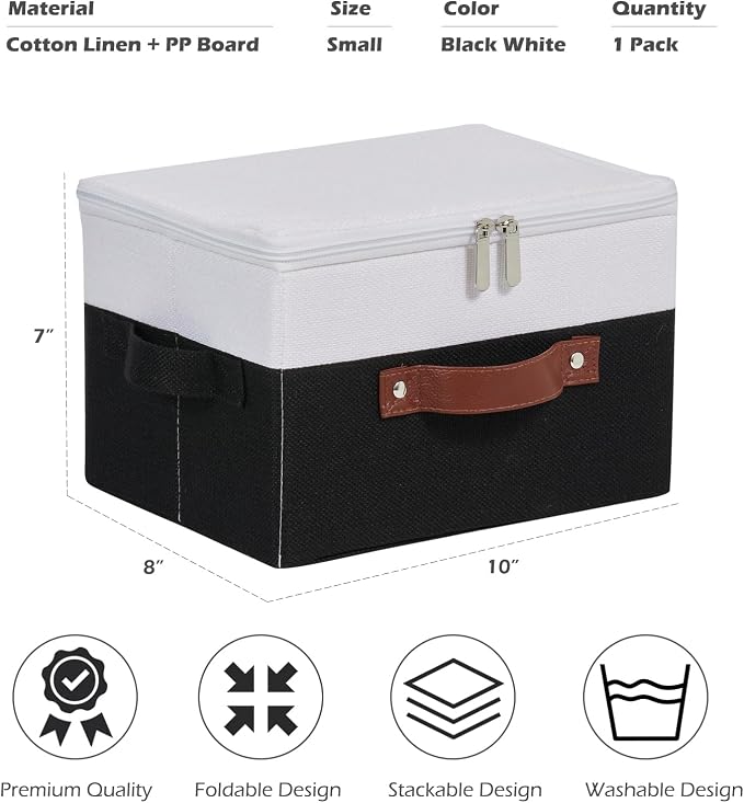 Storage Boxes with Zipper Lid Cotton Linen Fabric Lidded Storage Bins Baskets Foldable Washable Closet Shelf Clothes Organizer Container Faux Leather Handles (Black White, Small)