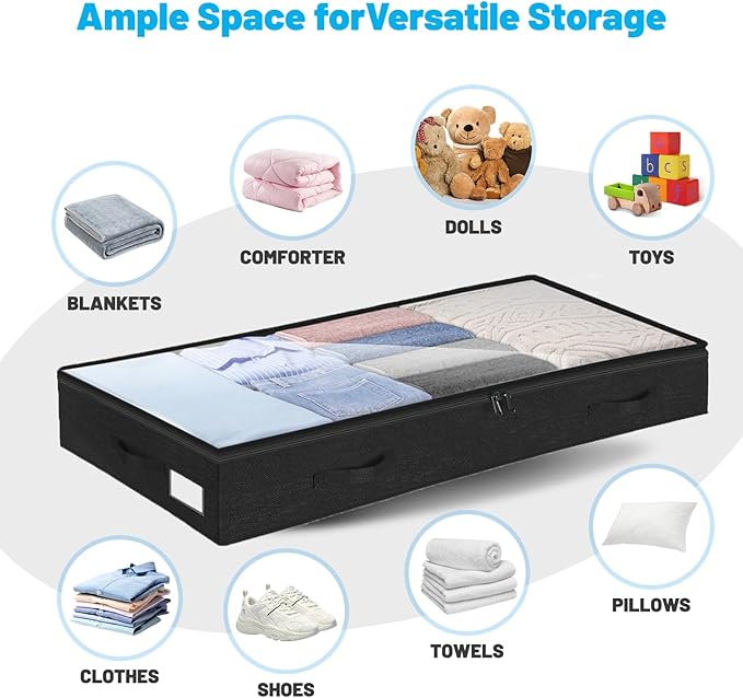 4 Inch Low Profile Under Bed Storage Drawer 2 Pack, Lightweight Underbed Clothes Storage Container Bins With NO STURCTURE, Shallow Storage Bag for Dorm & Home, With Clear Lids & Water-Resistant Fabric