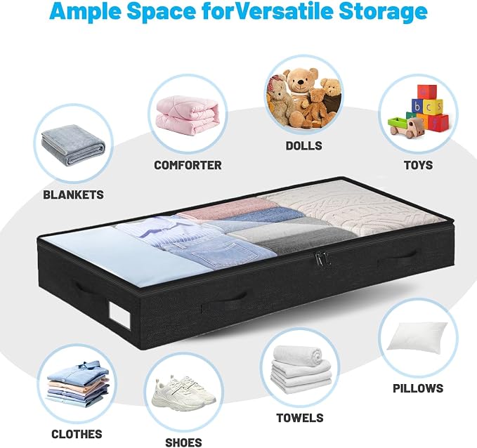 4 Inch Low Profile Under Bed Storage Drawer 4 Pack, Lightweight Underbed Clothes Storage Container Bins With NO STURCTURE, Shallow Storage Bag for Dorm & Home, With Clear Lids & Water-Resistant Fabric