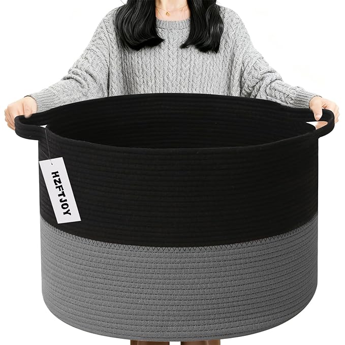90L Extra Large Blanket Basket,Woven Laundry Basket Hamper with Handles, Decorative Nursery Basket Storage Bin for Toys, Clothes Organizer, Living Room, Bedroom, Bathroom, Black&Dark Grey