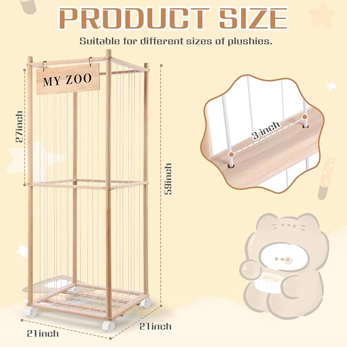 GLDZI Stuffed Animal Storage Zoo with Wheels, Wooden Stuffed Animal Organizer with Elastic Cords, Space Saving Toy Plushies Storage Holder for Playroom, Bedroom, Living Room(Burlywood, Large)