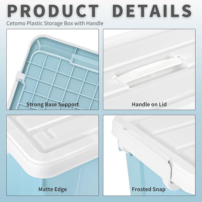 Cetomo Lidded Storage Bin with Handle, Tote Organizing Container with Durable Lid and Secure Latching Buckles, Stackable and Nestable, Plastic, 25 Quart-6 Pack, Blue