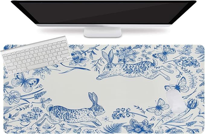 L-SPOUTTO Blue Floral Desk Mat for Keyboard and Mouse,XXL Gaming Mouse Pad | Large 35.4x15.7in Non-Slip Rubber Base Keyboard Pad ,Waterproof Desktop Mat for Laptop Computer Work Home Office