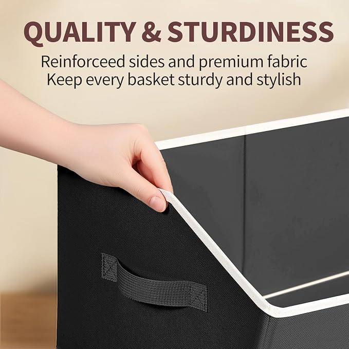 Homsorout Storage Bins for Shelves - Large Trapezoid Closet Shelf Organizer, Fabric Organization Bins with Handles, Storage Baskets for Clothes, Towel, Blanket, 6 Pack, Black