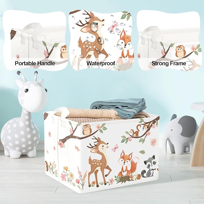 Clastyle Forest Animal Baby Storage Basket Leaf Kid Laundry Hamper Boy Girl Gift Toy Box Collapsible Clothes Organizer Nursery Bin for Bedroom, Pink Deer, 40x30x30 cm