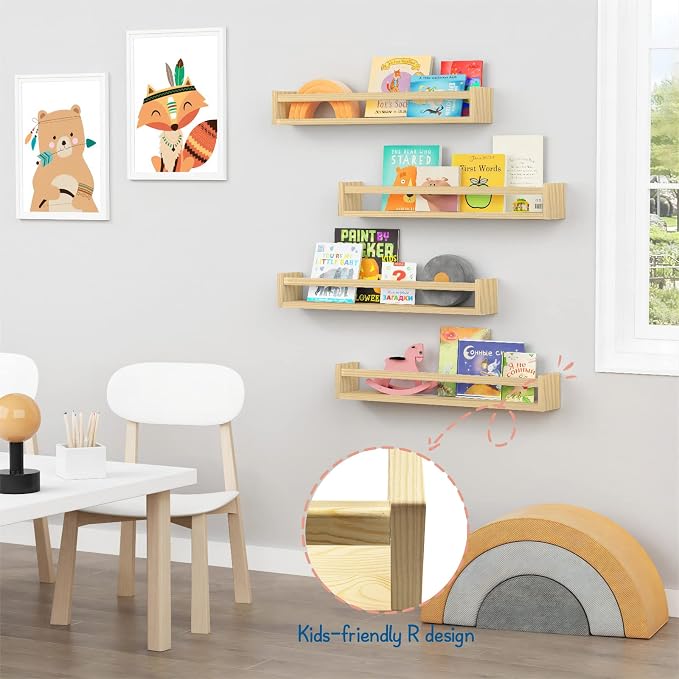 Forbena Natural Wood Nursery Bookshelves for Wall, 24 Inches Long Floating Book Shelves, Wall Mounted Bookcase for Baby Teen Girl Boy Kids Room Bedroom, Playroom Organizer, Bathroom Decor (4-Pack)