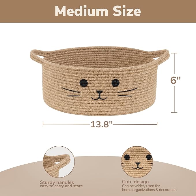 Cat Toy Basket, 13.8" x 6" Wicker Basket for Shelves Living Room, Medium Baby Gift Baskets for Nursery, Pet Dog Toy Box, Jute