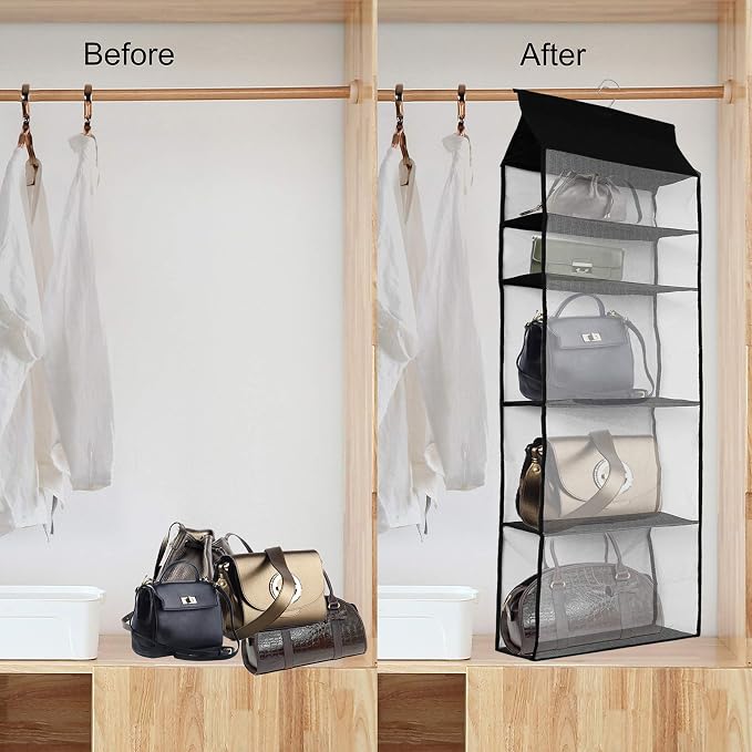 Improved Closet Handbag Purse Holder with 5 Large Heavy-Duty Mesh Shelves, Space Saving Hanging Handbag Storage Tote Bag Organizer Holder for Wardrobe Closet(Black)
