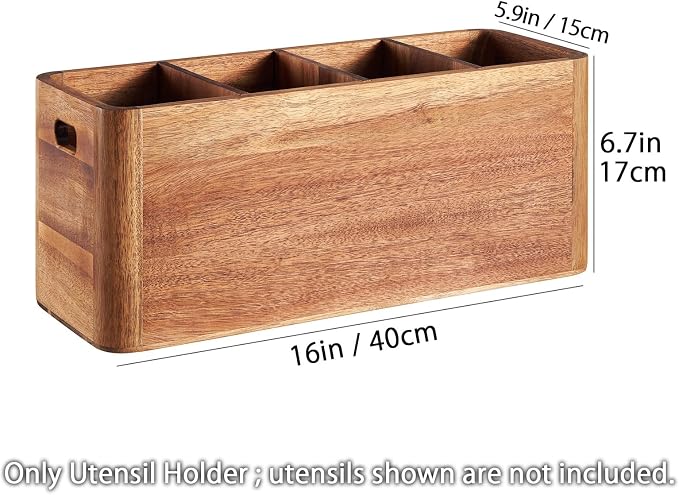 16" Wooden Kitchen Utensil Holder, Extra Large Acacia Wood Organizer for Cooking Tools, Utensils & Cutlery Storage – 4-Compartment Countertop Holder