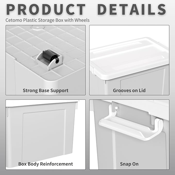 Cetomo Lidded Storage Bin with Handle, Tote Organizing Container with Wheels, Lid and Secure Latching Buckles, Stackable and Nestable, Plastic, 72 Quart-3 Pack, Gray