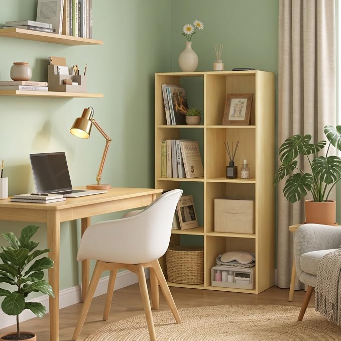 CTESNE【2026】 8 Cube Shelf with Anti-Tipping Kits + Reversible Open Back Bookcase, Multi Layer and Multi Grid partition Layout (Oak 11in)