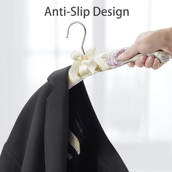 Satin Padded Hangers for Women Clothing - Floral Sweater Hangers No Bump - Padded Coat Hanger for Wedding - Thick Foam Silk Clothes Hanger for Adult (Pack of 5)