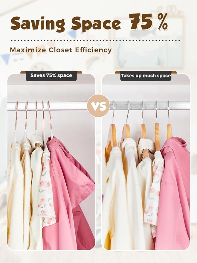 Smartor Kids Velvet Hangers 50 Pack, 14 Inch Premium Non Slip Kids Felt Hangers for Closet, Space Saving Toddler Clothes Hanger for Youth's Childrens' Clothes (Rose Gold Hook)- White