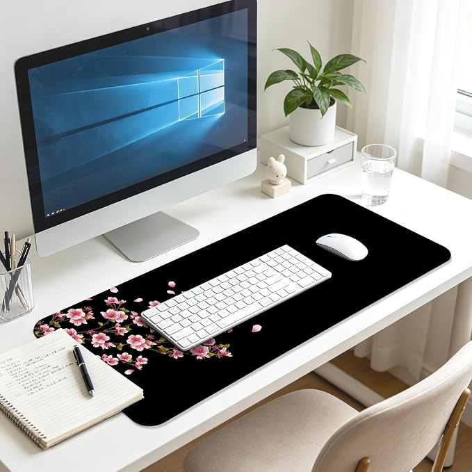 Japanese Cherry Blossom Gaming Desk Mat, Computer Keyboard Large Extended Flowers Mouse Pad for Office and Home, 31.5×11.8 Inches, XL, Black