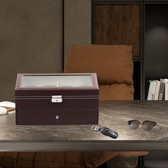 AUTOARK Leather Eyeglasses Storage Case Organizer,12 Piece,Brown,AW-129 | Sunglass Display,Drawer Lockable
