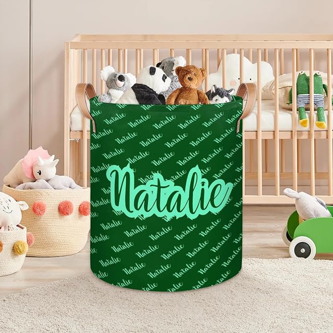 Personalized Laundry Basket, Custom Gift Laundry Hamper, Collapsible Nursery Waterproof Laundry Baskets, Dirty Clothes Toy Hamper with Handles Name Text Green